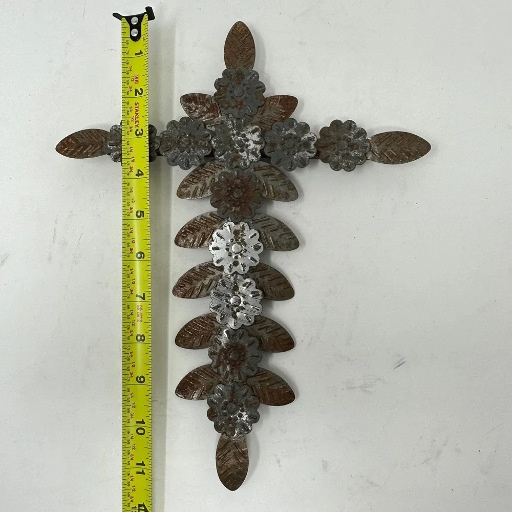 Rustic Distressed Metal Floral Wall Cross Brown Silver Weathered Farmhouse 11.5